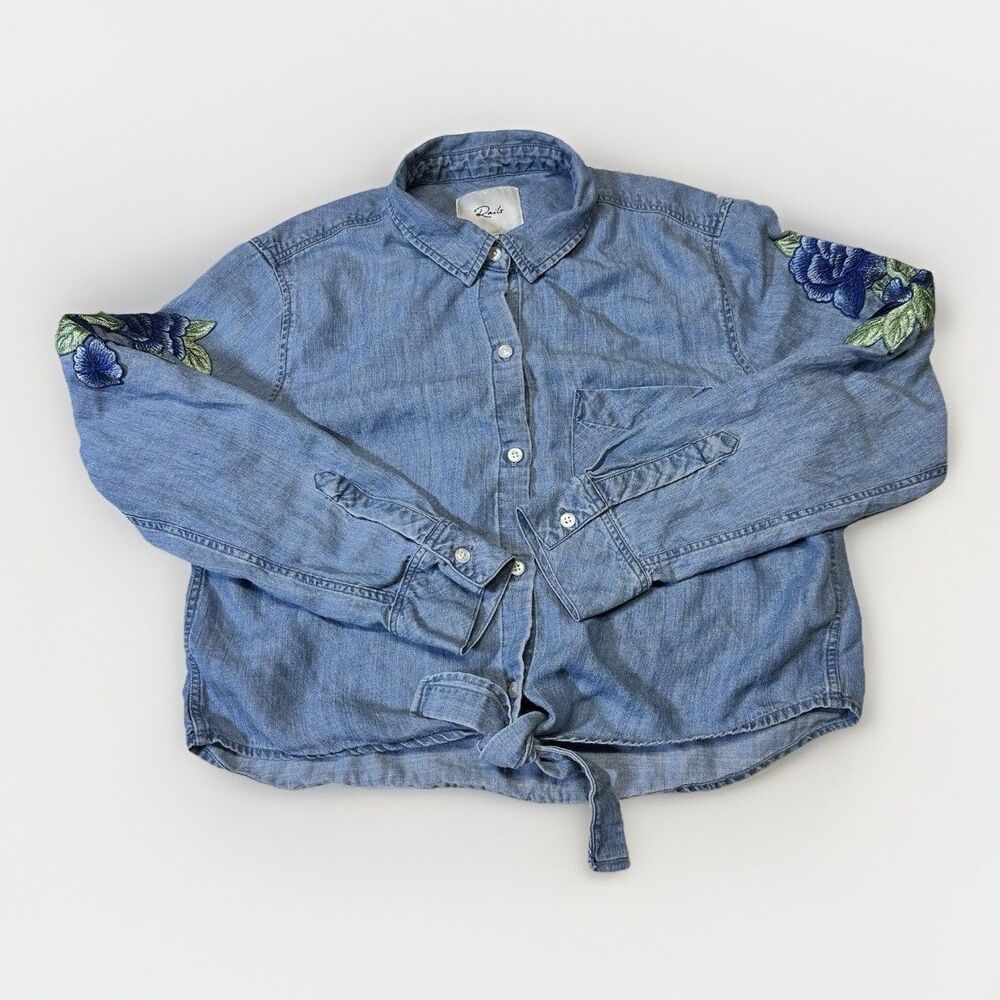 Rails Chambray Denim Boho Cropped Shirt Blue Floral Embroidery Size S